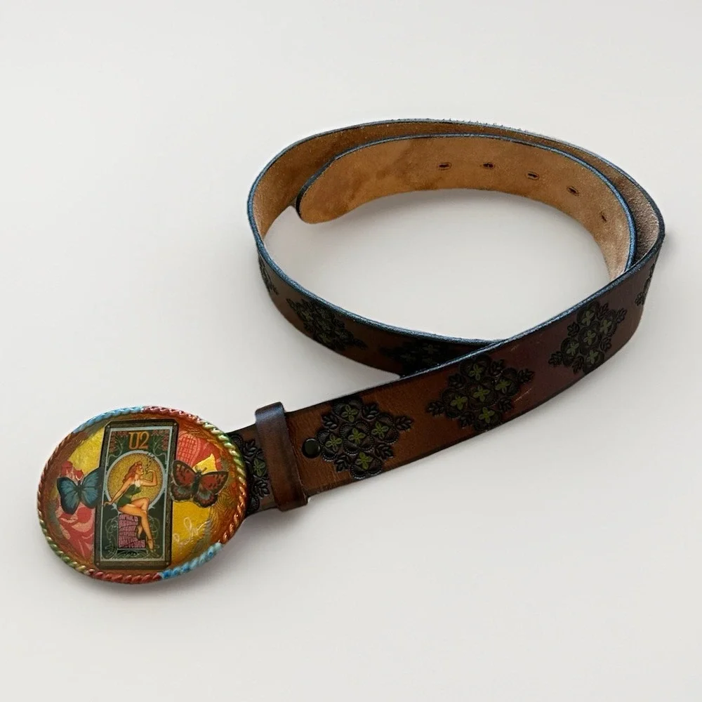 Tooled Leather Belt Butterfly Art Resin Buckle USA Bohemian L Psychedelic Pin Up